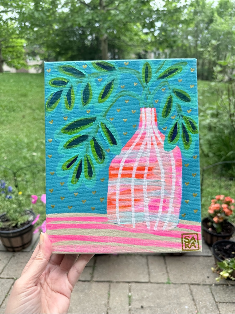 Bright Teal Vase Painting with Pink Stripes by Sara Purves